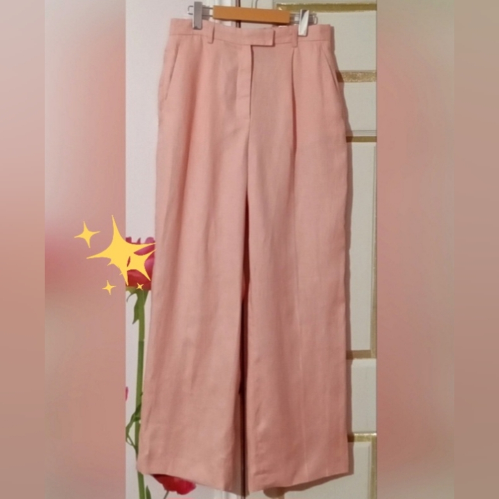 ZARA🐞Linen Pink Peach Palazzo Relaxed Fit High Rise Trousers Sz:M